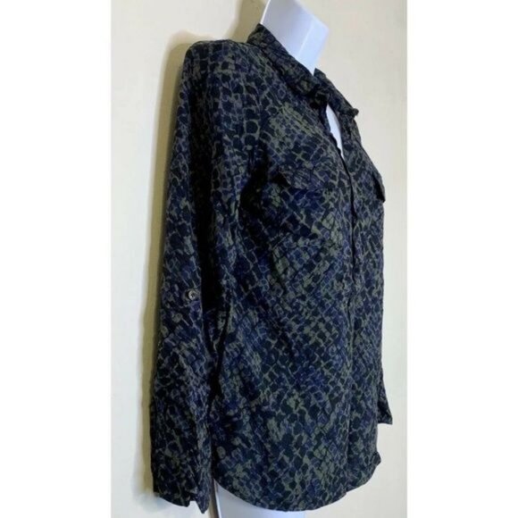 Splendid V-Neck Popover Top S Snakeskin Print Rayon Blouse Long Sleeve Blue Gree - Picture 3 of 8